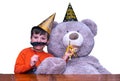 Boy and bear on new years Royalty Free Stock Photo