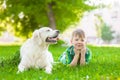 Young boy lying with golden retriever dog on green grass Royalty Free Stock Photo