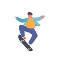 Young Boy in Modern Clothing Jumping on Skateboard. Skateboarder Kid Male Character Outdoors Activity in Skatepark