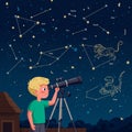 A young boy observes the night sky through a telescope. The backdrop features a Royalty Free Stock Photo
