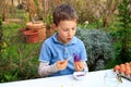 A young boy painting Easter eggs outdoor in France. Easter children creative activity Royalty Free Stock Photo