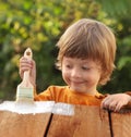 Young boy painting the wooden fence in summer garden Royalty Free Stock Photo