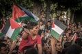 The young boy with Palestine flag at the pro-Palestine and anti-Israel protest protest rally at Tunis, Tunisia.