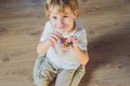 Young boy play with fidget spinner stress relieving toy Royalty Free Stock Photo