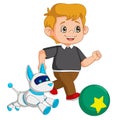 Young Boy Playing A Big Ball With His Cyber Dog