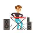 Young boy playing electric piano. Colorful character vector Illustration
