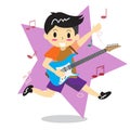 Young boy playing electric rock guitar Happy Love music Royalty Free Stock Photo