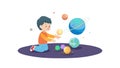 Young Boy Playing with Planets, Interactive Space Learning, vector design Generative AI Royalty Free Stock Photo