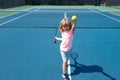 Young boy playing tennis. Kid hitting forehand in tennis. Royalty Free Stock Photo