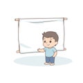 Young boy presenting empty banner, child presentation concept, cute cartoon standing smiling