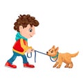 Young boy pulling dog leash resisting going for walk Royalty Free Stock Photo