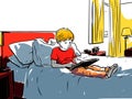 A Young Boy Reading A Book In A Bed
