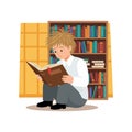 Young boy reading book in library with bookshelf background and window light vector illustration Royalty Free Stock Photo