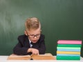 Young boy reading a book near empty green chalkboard Royalty Free Stock Photo