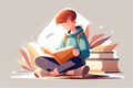 young boy reading a book while sitting. Generative AI Royalty Free Stock Photo