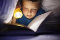 A young boy reading a book under the covers with a flashlight at dark night time