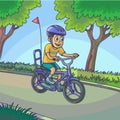 Young boy riding a bicycle on street.