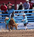 Young boy riding a bull in rodeo