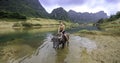 Boy riding buffalo in vietnam