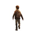 Young boy running away. Child walking away. Back view of a boy. Wearing survivor outfit. Isolated PNG background.