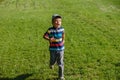 Young boy runs in a green field. Cute child running across park outdoors grass Royalty Free Stock Photo