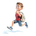 Young boy with school bag running, stylized cartoon character,  school kid 3d rendering Royalty Free Stock Photo