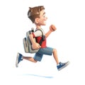 Young boy with school bag running, stylized cartoon character,  school kid 3d rendering Royalty Free Stock Photo