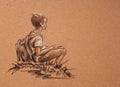 Young boy seating and looking forward - three colored pencil graphic artistic illustration on craft paper Royalty Free Stock Photo