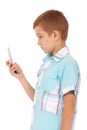 Young boy send text message with phone