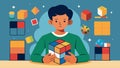 A young boy is shown playing with a Rubiks Cube his face filled with concentration. The panels around him depict