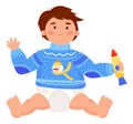 Young boy sitting casual, holding colorful crayon ready to draw. Casual sweater with scribble pattern, happy child with