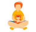 Young boy sitting cross-legged, holding a teddy bear. Childhood innocence and simple joys. Comfort concept vector