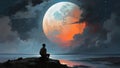 Boy sitting on the glowing moon, behind clouds in night sky