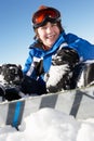 Young Boy Sitting In Snow With Snowboard Royalty Free Stock Photo