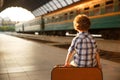 Young boy sitting on suitcase