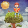 Young boy sitting on a tree and reads a book