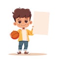 Young boy smiling holding basketball blank sign, casual clothing, standing, happy expression Royalty Free Stock Photo