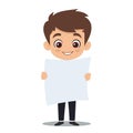 Young boy smiling holding blank paper sheet ready text message promotion. Cartoon character happy Royalty Free Stock Photo