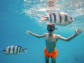 Young boy Snorkel swim in shallow water with coral fish