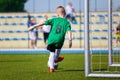 Young boy soccer football goalkeeper kicking soccer ball on a sp