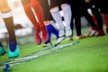 Young boy soccer players Jogging and jump between ladder drills Royalty Free Stock Photo