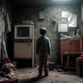 Young boy standing on the floor of a dark, abandoned room.