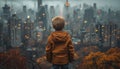 Young boy is standing on hill overlooking the New York City skyline at dusk Royalty Free Stock Photo