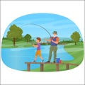 Young boy standing on a pier with grandfather and fishing.
