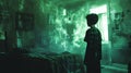 A young boy stands in awe as a swirling energy portal manifests in his bedroom, filling the space with an eerie green glow and