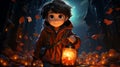 A young boy stands in the darkness of the night, illuminated by the soft glow of a flickering lantern in his hand