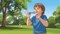 A young boy stands outdoors blowing soap bubbles with a bubble wand Royalty Free Stock Photo