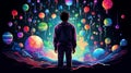 Young boy stands before vibrant, surreal cosmic dreamscape, with vivid colored planets and stars suspended like balloons