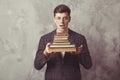 Young boy student with books in glasses. happy guy want learning and have education. Male student online education. Study in Royalty Free Stock Photo