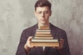 Young boy student with books in glasses. happy guy want learning and have education. Male student online education. Study in Royalty Free Stock Photo